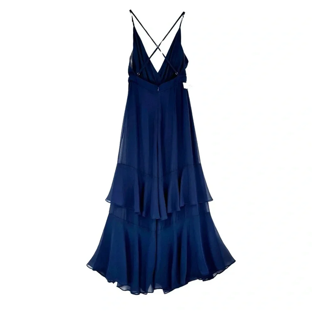 Fame & Partners‎ NWT XS Jumpsuit Navy Tiered Ruffle Wide Leg V-Neck Open Back